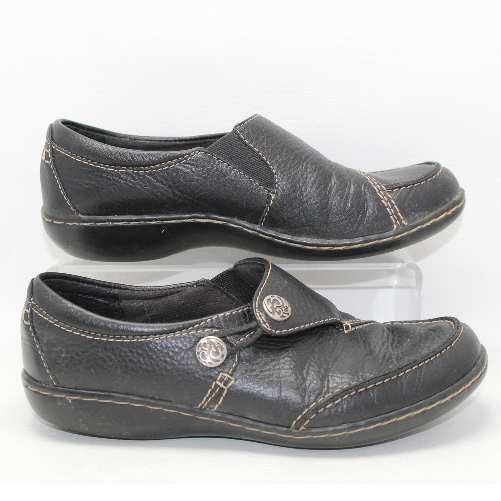 Clarks Black‎ Leather Slip On Loafers Silver Button Contrast Stitch Womens 5.5M
